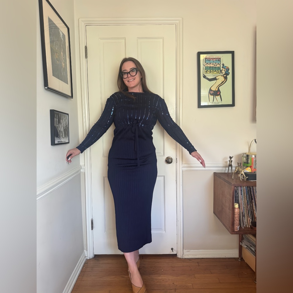 70s Vintage Perullo for Fred Perlberg Navy Blue Knit Maxi w Sequin Details Sz Xs - Picture 1 of 10